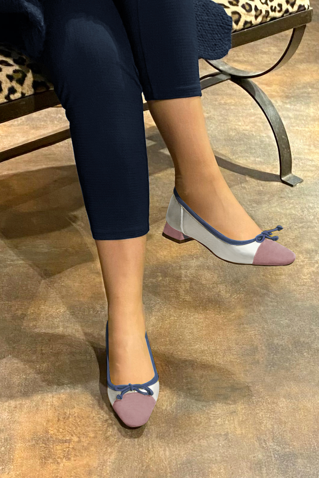 Dusty rose pink, light silver and denim blue women's ballet pumps, with low heels. Square toe. Flat flare heels. Worn view - Florence KOOIJMAN
